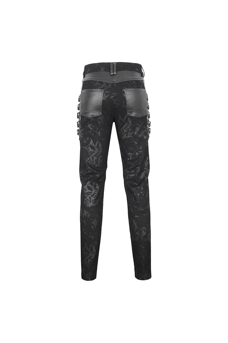 Black Multi Buckle Distressed Print Men's Punk Pants