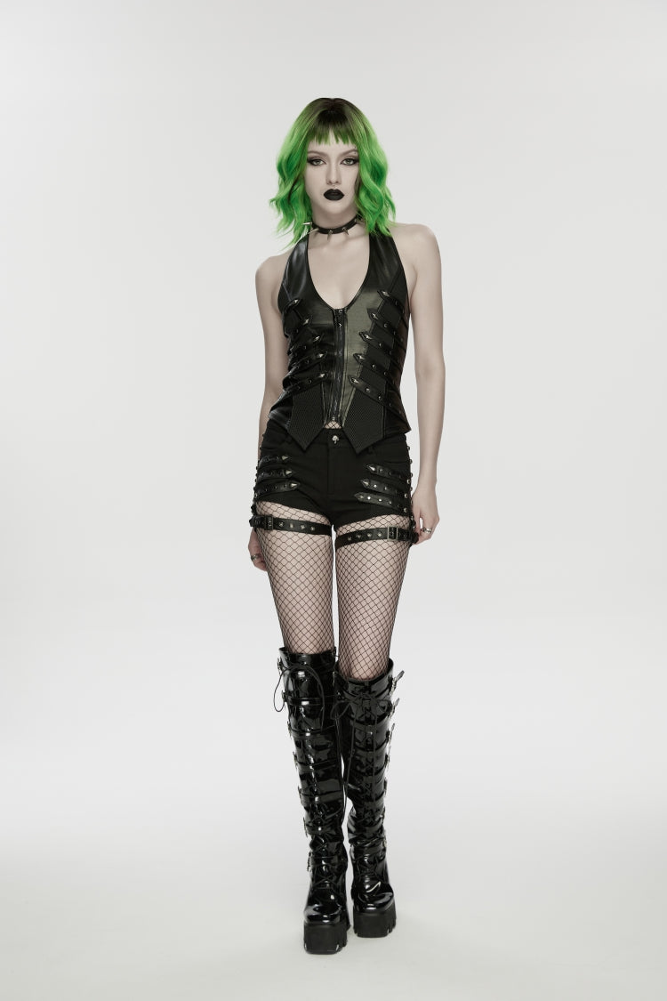 Black Halterneck Slim Studded Zippered Women's Punk Vest