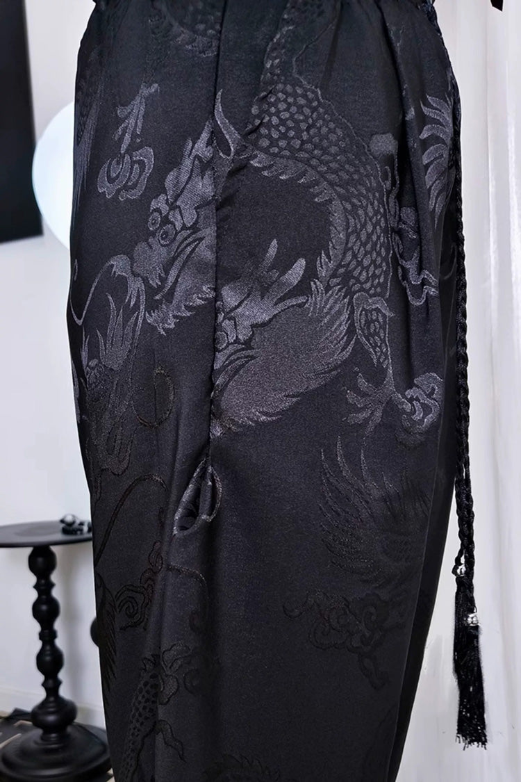 Black Dragon-Pattern Jacquard Printed Ouji Gothic Chinese Style Handsome Lolita Tassel Pants