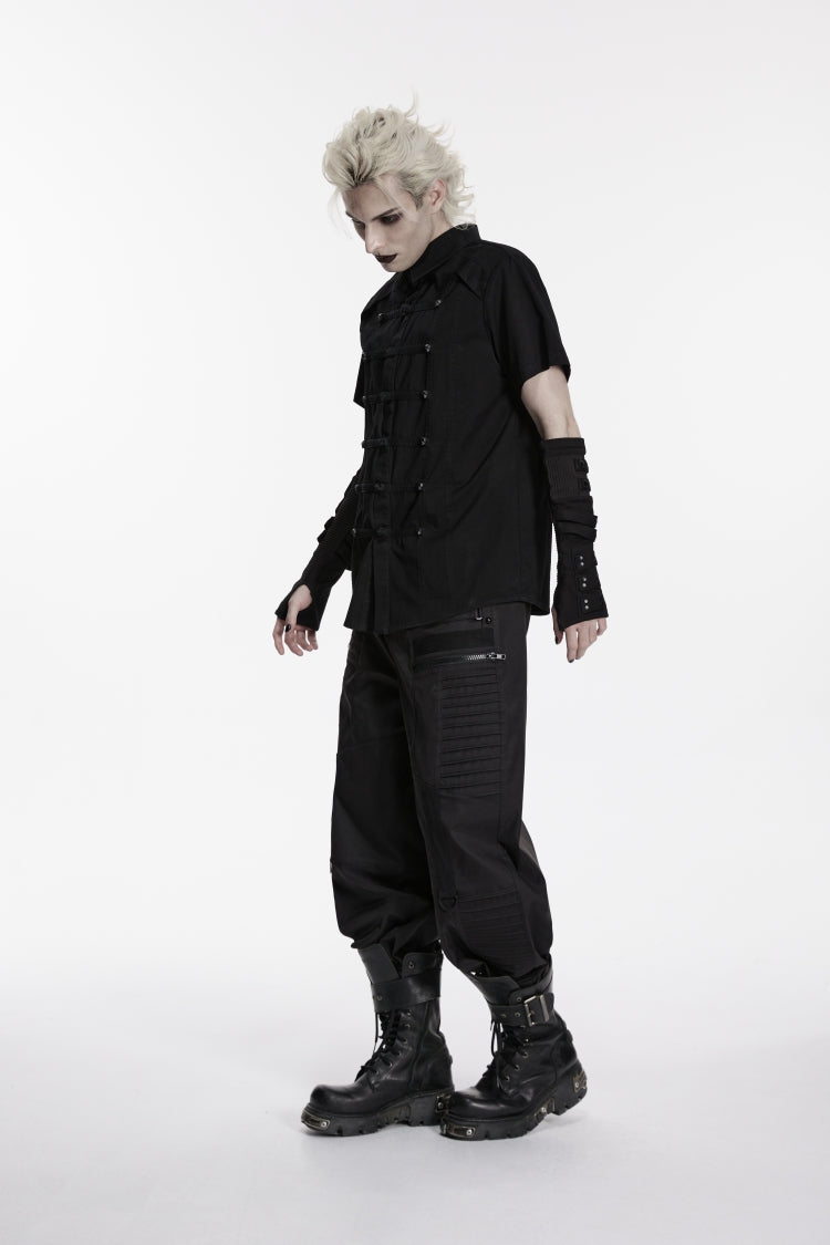 Black Lapel Collar Short Sleeves Studded Men's Punk Skull Handsome Cool Shirt