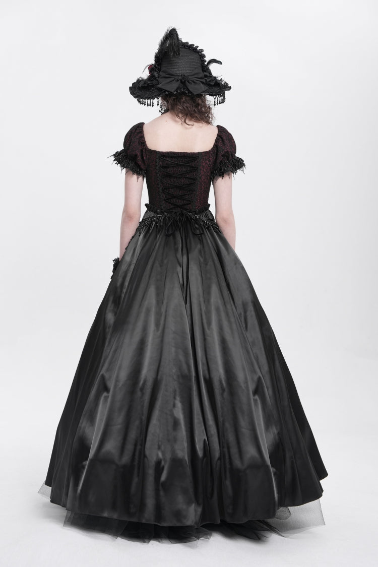 Black Off Shoulder Short Sleeves Jacquard Cardigan Stitching Lace Women's Gothic Dress