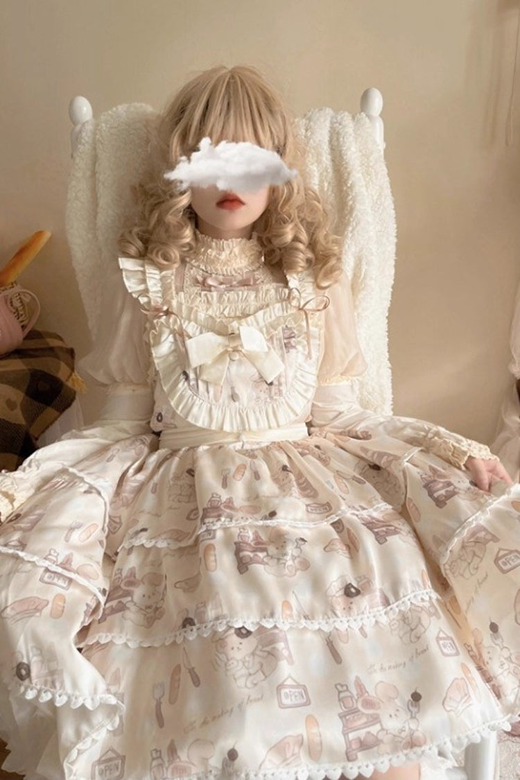 Beige Sleeveless Triple-Layered Print Ruffle Bowknot Sweet Plus Size Lolita Jsk Dress