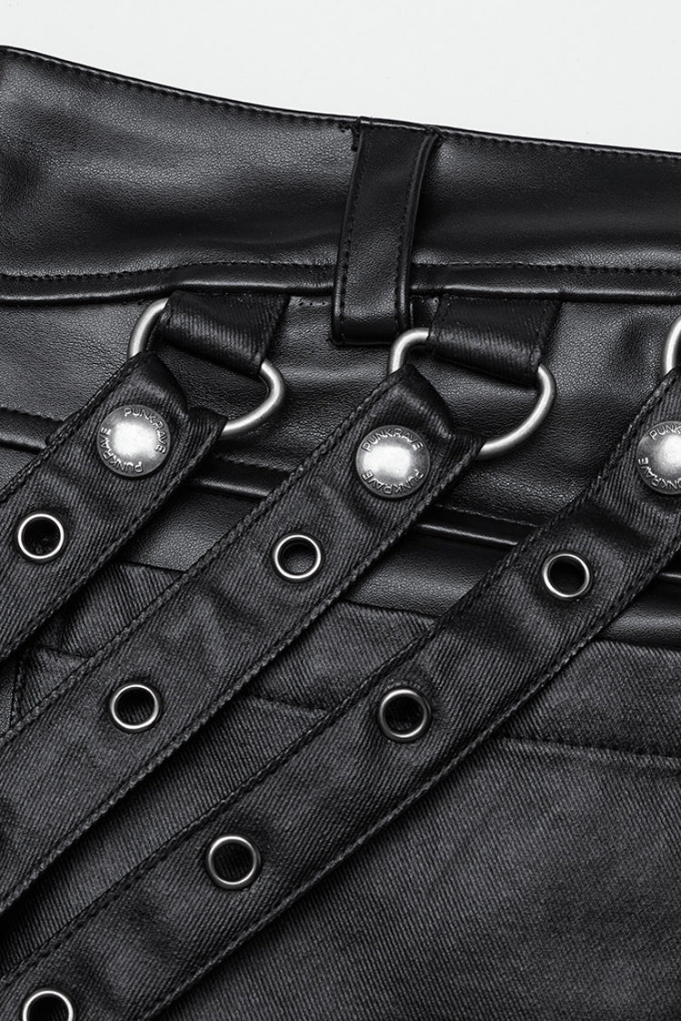 Black Mesh Buckle Strap Men's Punk Pants