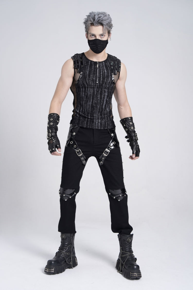 Black Armor Patent Leather Stitching Men's Punk Pants
