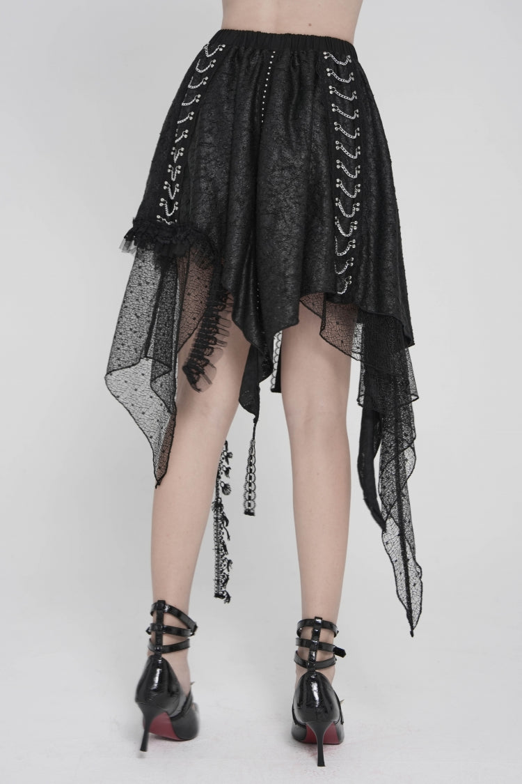 Black Lace Irregular Chain-Decorated Women's Punk Streamer Skirt