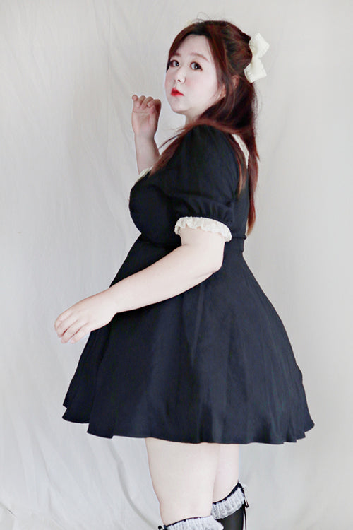 Black Lace Round Collar Short Sleeves High Waisted Plus Size Sweet Lolita Dress