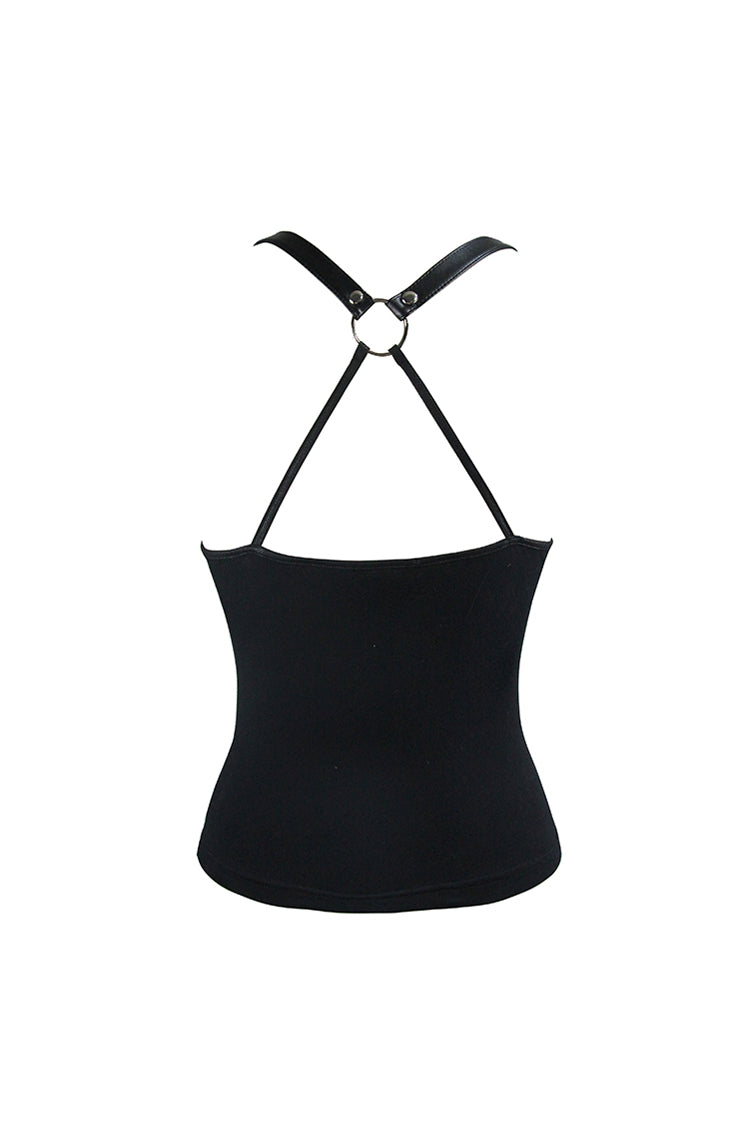 Black Chest Inverted Pentagram Chain Backless Metal Ring Leathrt Straps Women's Punk Vest