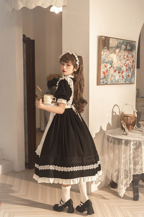 Black Lapel Collar Bowknot Short Sleeves Ruffled Sweet Lolita Maid OP Dress (Apron is included)
