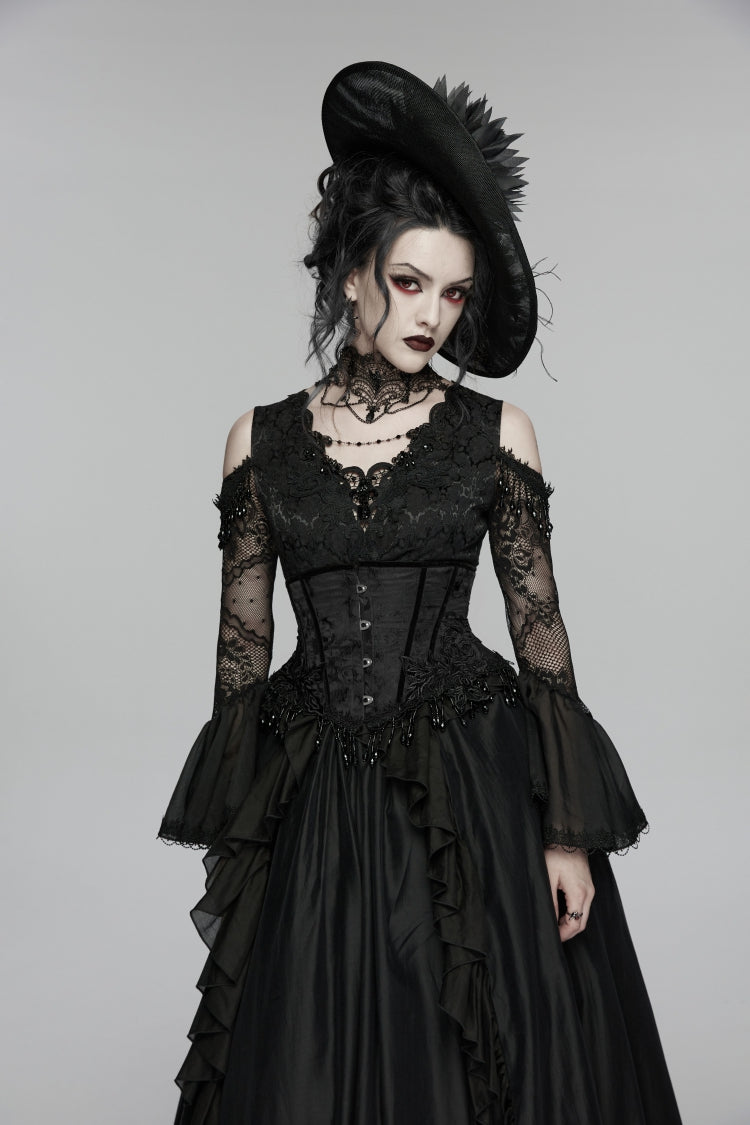 Black Jacquard Lace-Up Slim Women's Gothic Tassels Corset