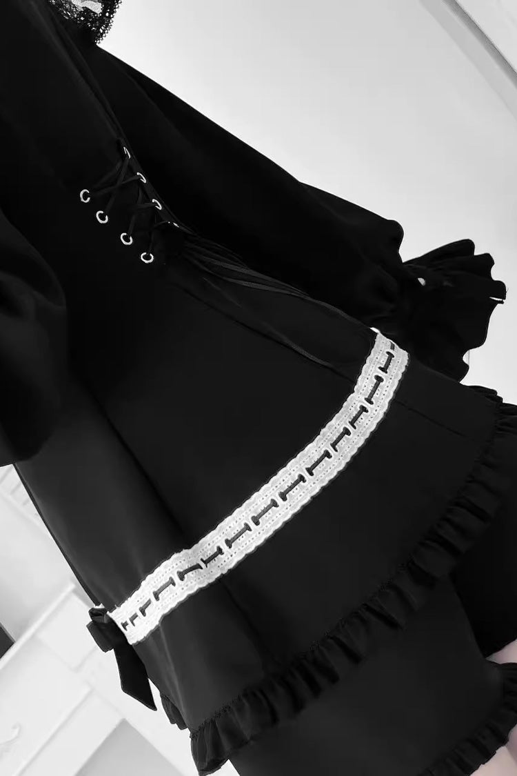 Black Long Sleeves Ruffled Bow Gothic Jirai Kei Dress Shorts