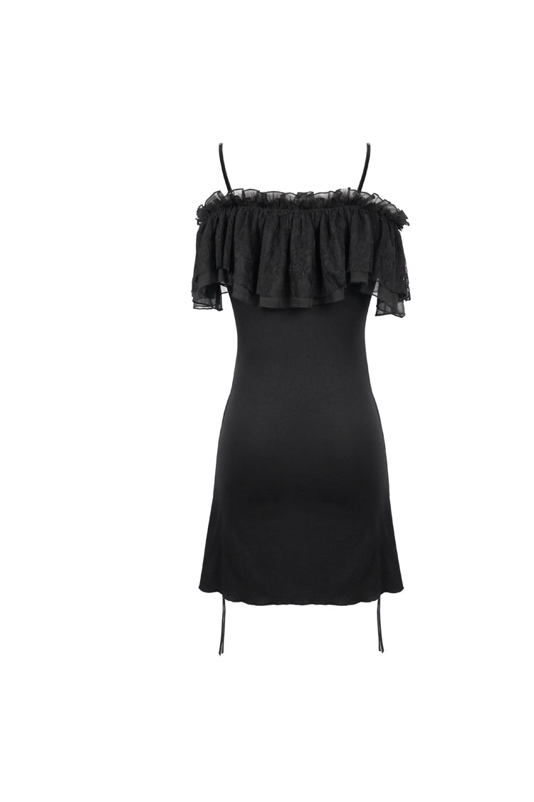 Black Lace Up Off Shoulder Chest Frilly Side Women's Punk T-Shirt