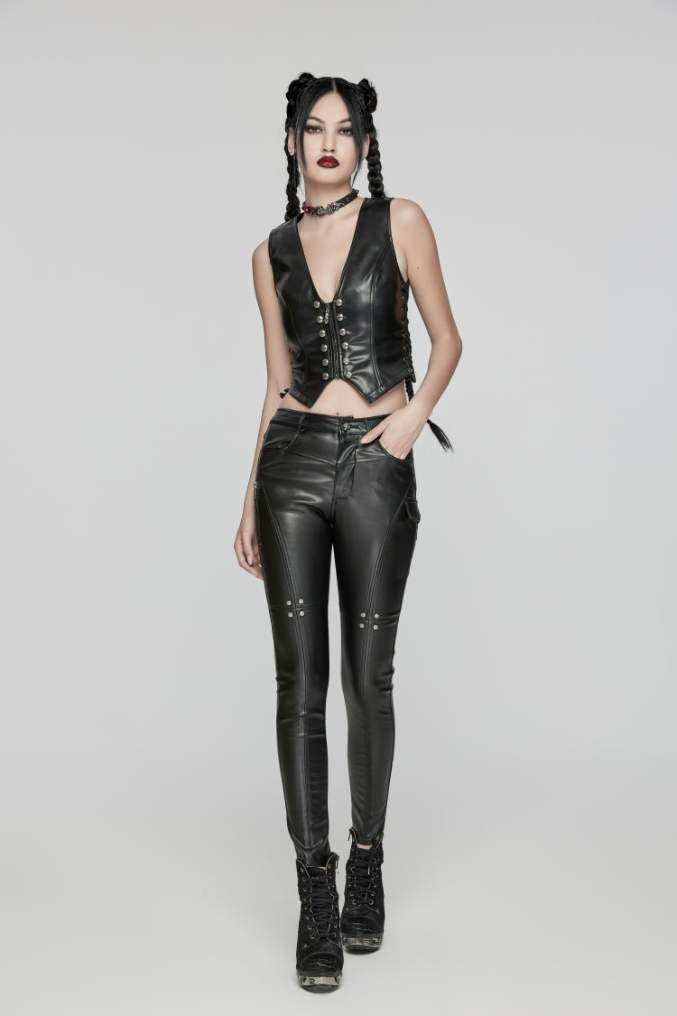 Black Lace-Up Slim Zippered Women's Punk Cool Faux Leather Vest