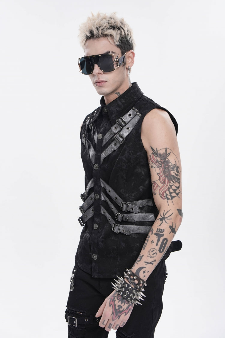 Black Lapel Collar Sleeveless Multi-Layered Printed Tie-dyed Buckled Men's Punk Shirt