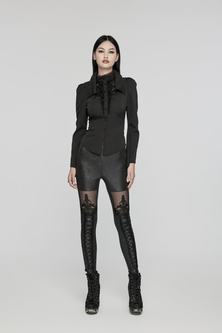 Black Long Puff Sleeves Stitching Lace Women's Gothic Blouse