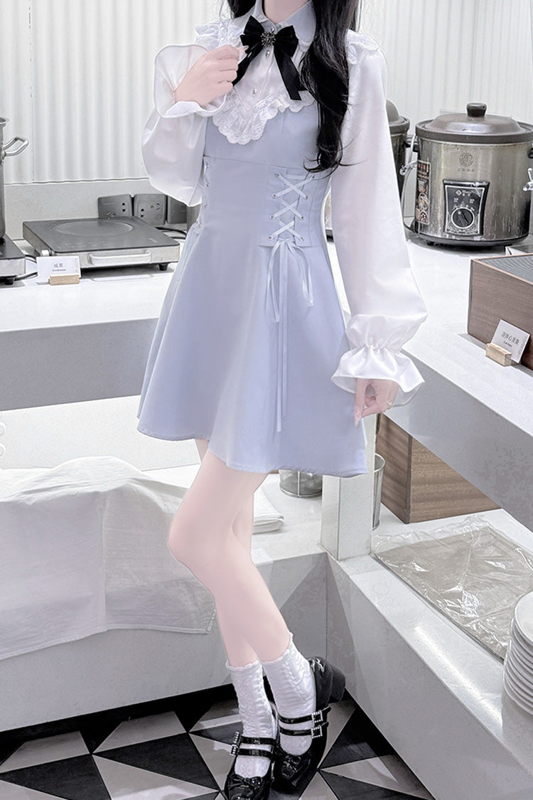 Aqua Long Sleeves Bowknot Lace-Up Sweet Jirai Kei Dress
