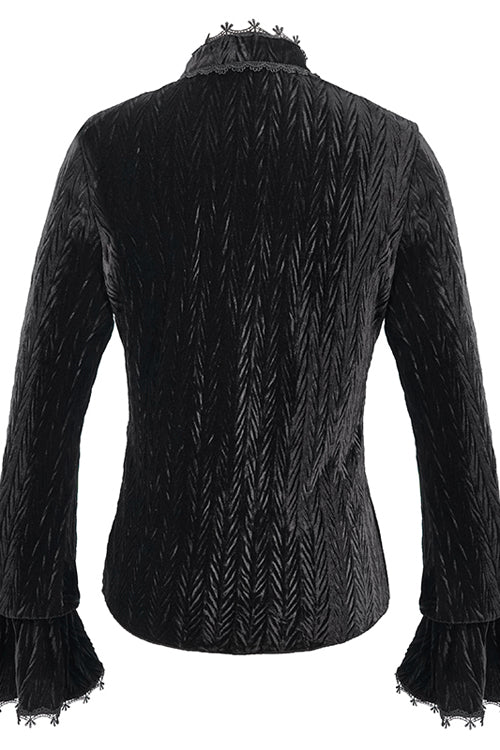 Black Pleated Velvet Trumpet Sleeves Womens Gothic Blouse