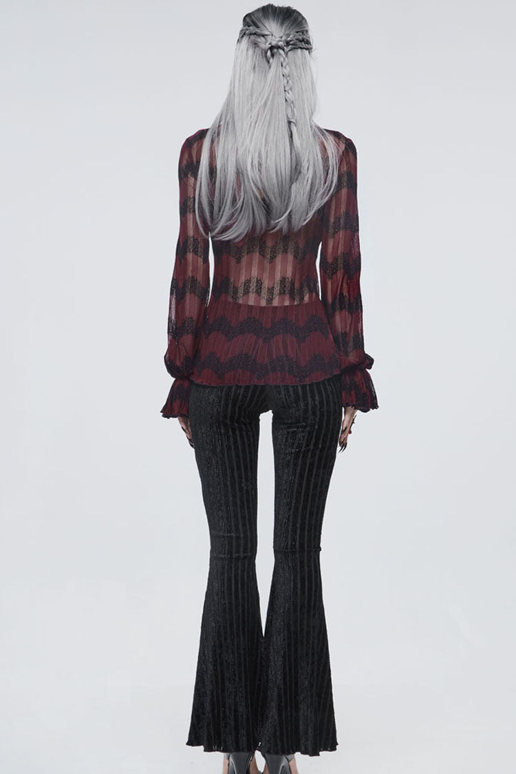 Black Gothic Striped Flocking V-Shaped Cross Lace Stitching Flared Women's Pants