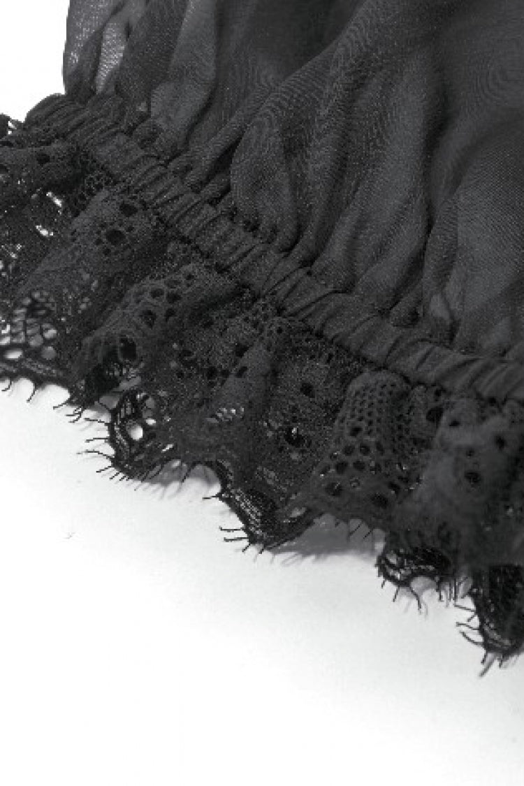 Black Multi-Layered Ruffled Lace Short Puff Sleeves Sheer Women's Courtly Gothic Blouse