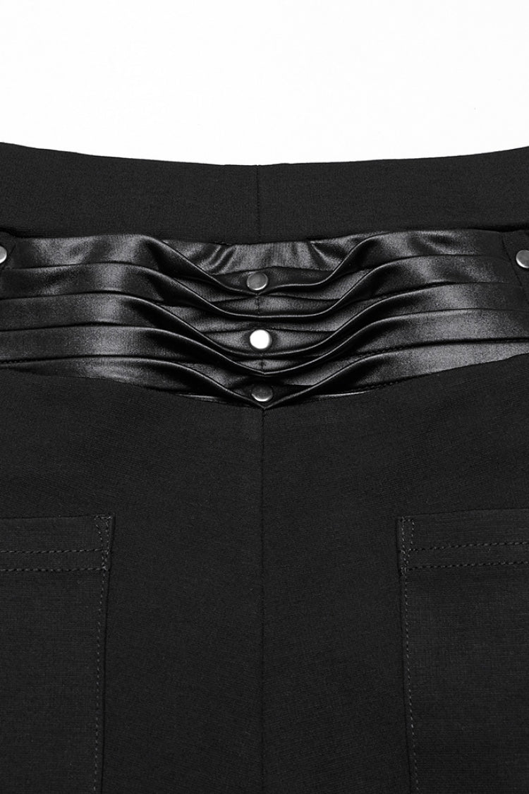 Black Buckle Straps Pleated Women's Punk Leggings