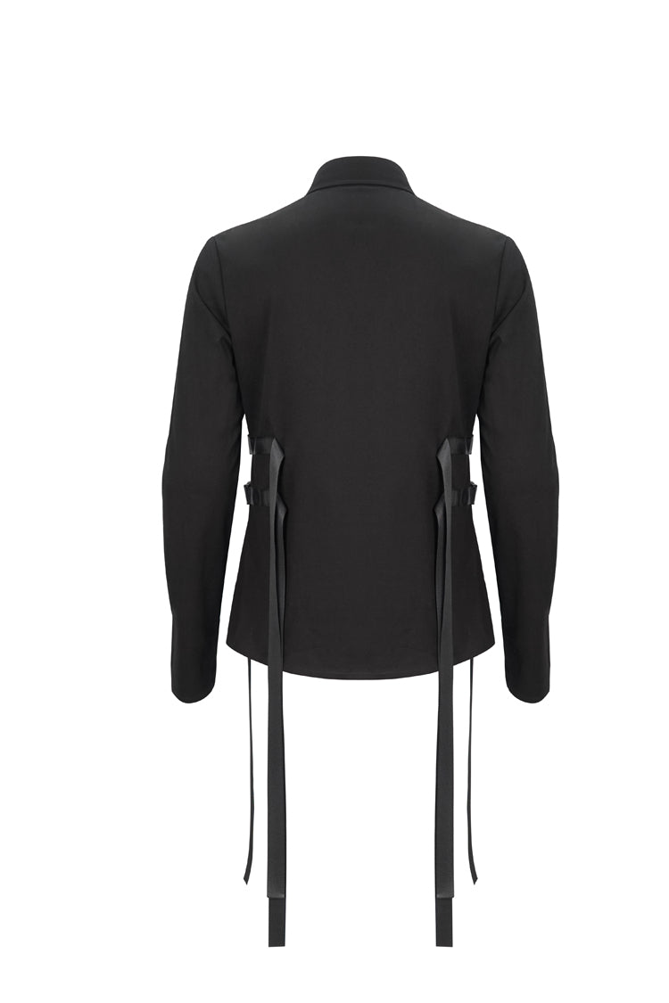 Black Nylon Strap Metal Buckle Decoration Long Sleeve Elasticity Men's Punk Shirt
