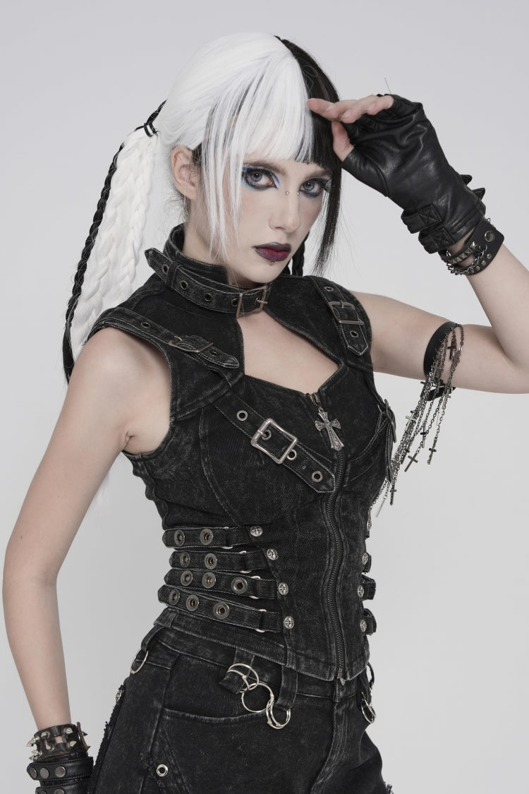 Black Halterneck Slim Buckled Zippered Women's Punk Vest