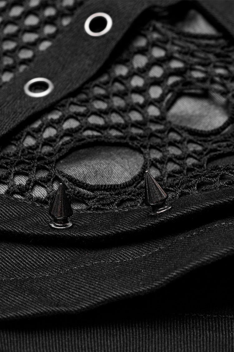Black Faux Leather Stitching Mesh Buckles Women's Steampunk Shorts