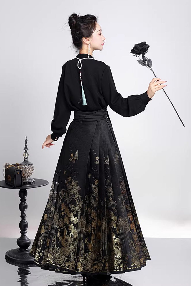 Black Long Sleeves High Waisted Printed Ruffled Foil-Stamped Gothic Hanfu Horse-face Skirt Set