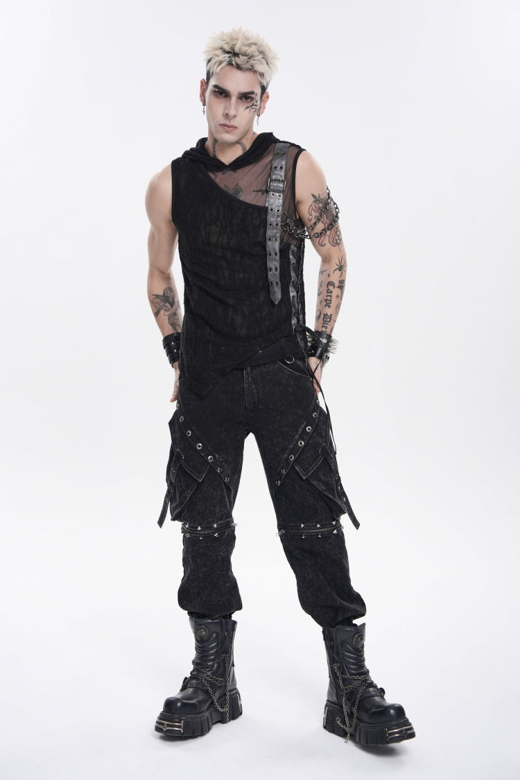 Black Hooded Sheer Asymmetric Chain-Decorated Men's Punk Hooded Vest