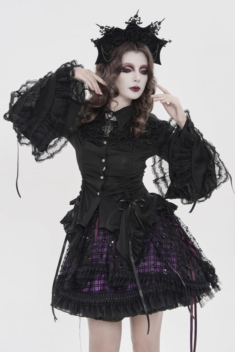 Black Lapel Collar Long Trumpet Sleeves Lace Lace-Up Women's Gothic Blouse