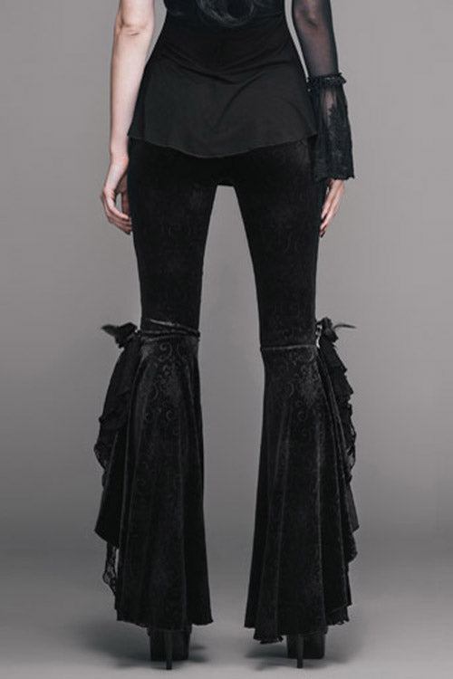 Black Gothic Lace Hem Embossed Velvet Flare Womens Pants