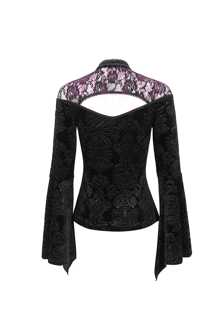 Black Cutout Flared Sleeved Floral Embossed Women's Gothic Shirt