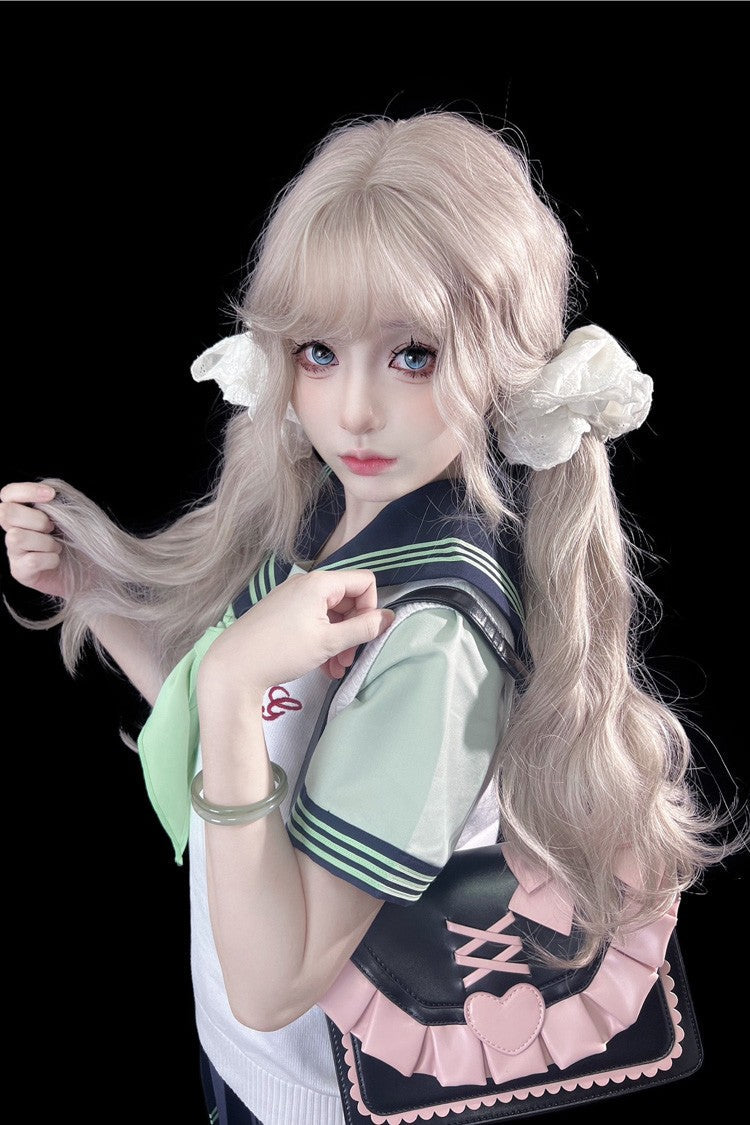 Beige Brown Sweet Lolita Long Wavy Wig with Curved Bangs
