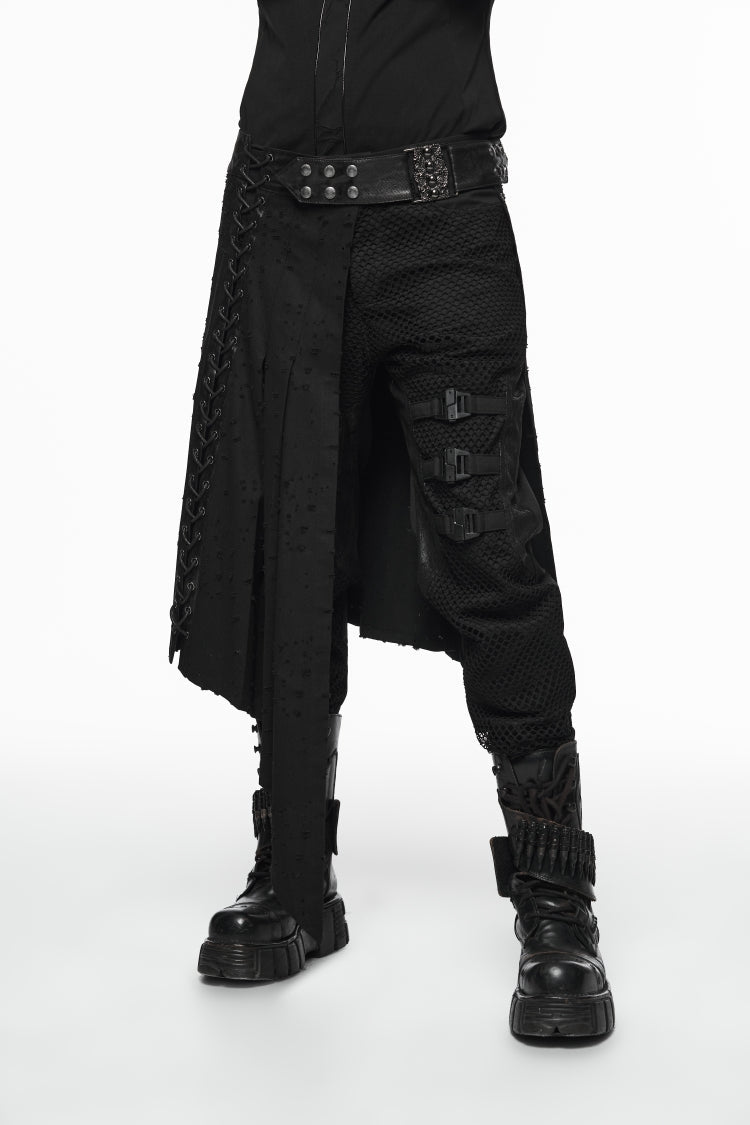 Black Lace-Up Irregular Ripped Men's Punk Skirt