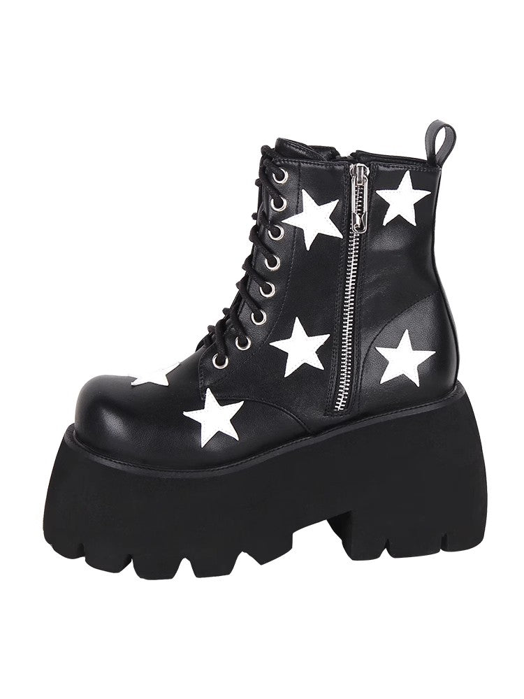 Black Five-pointed Star Print Zipper Punk Lolita Ankle Boots