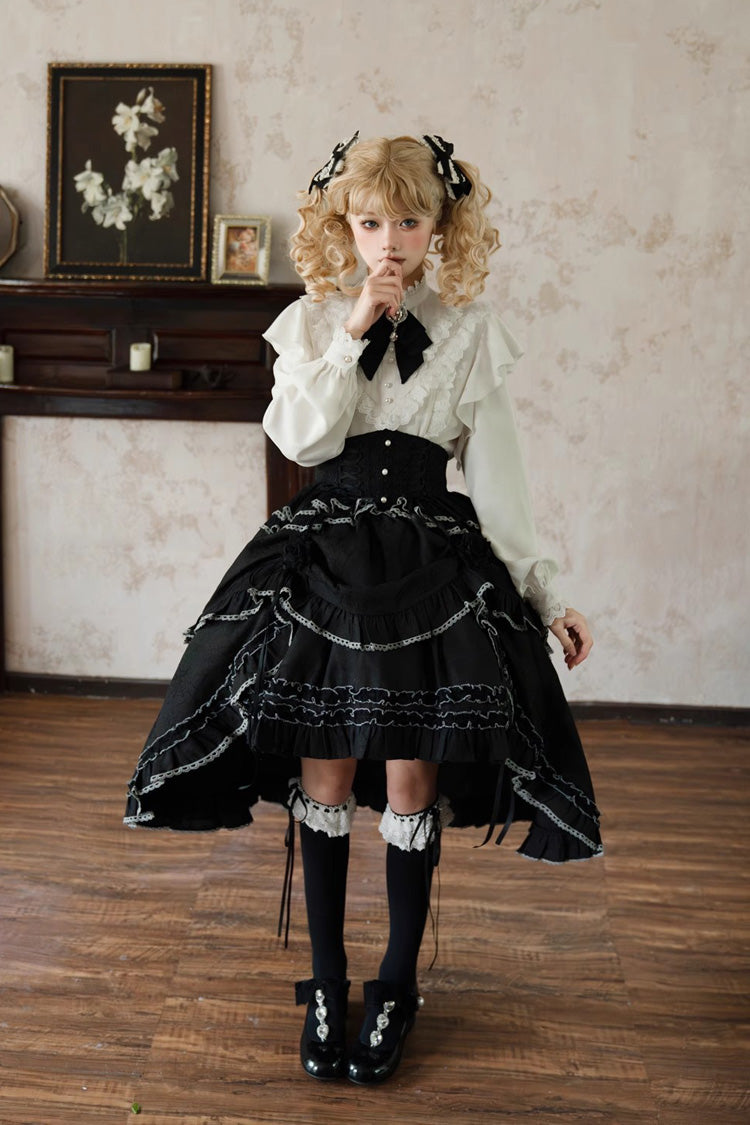 Black Late Night Castle Print Ruffle Gothic Lolita Skirt