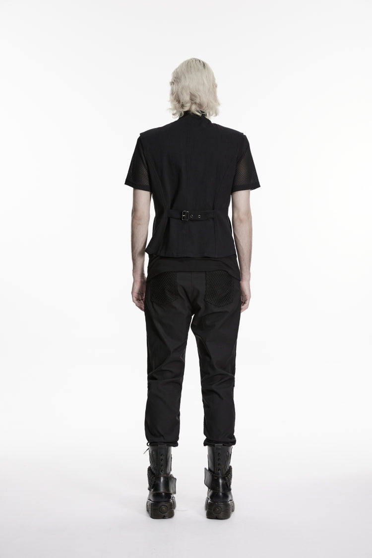 Black Cut-Out Lace-Up Slim Mesh Buckled Eyelet Men's Punk Handsome Vest