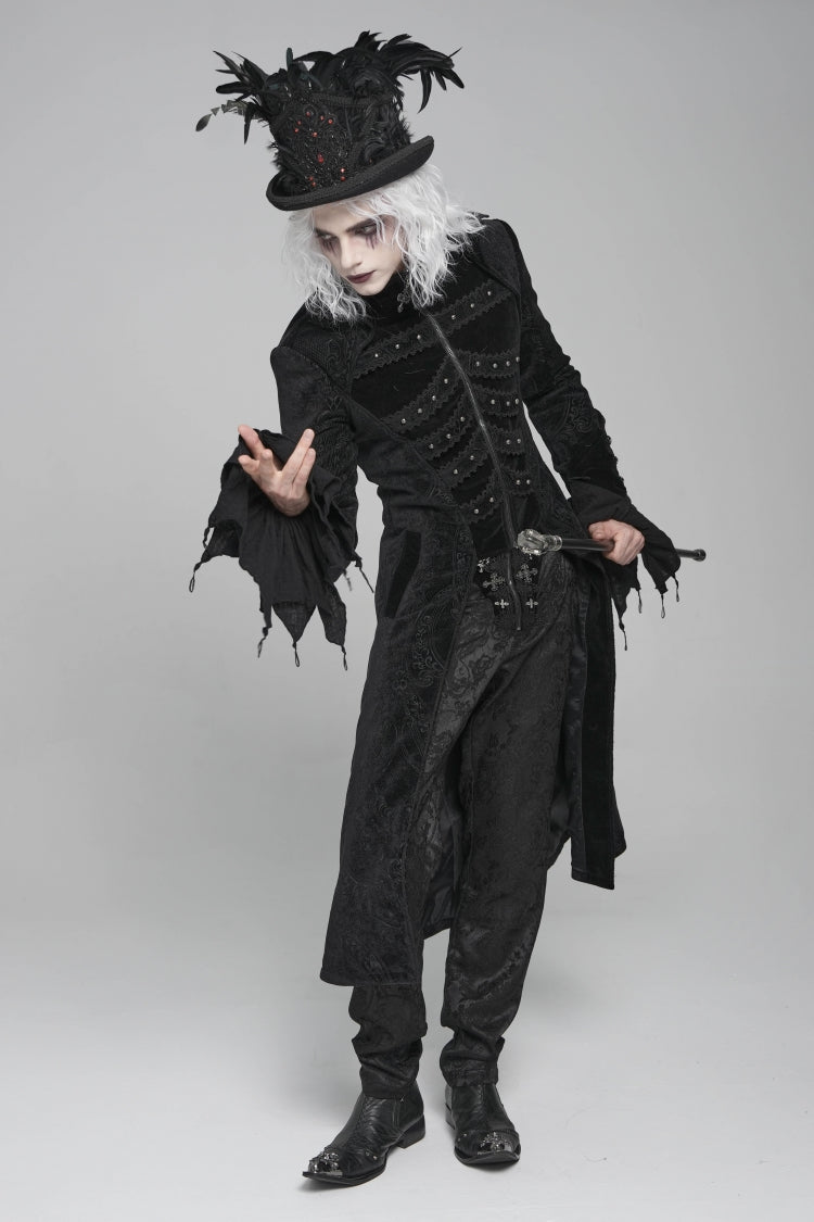 Black Diamante Stand Collar Long Sleeves Printed Zippered Men's Gothic Long Coat