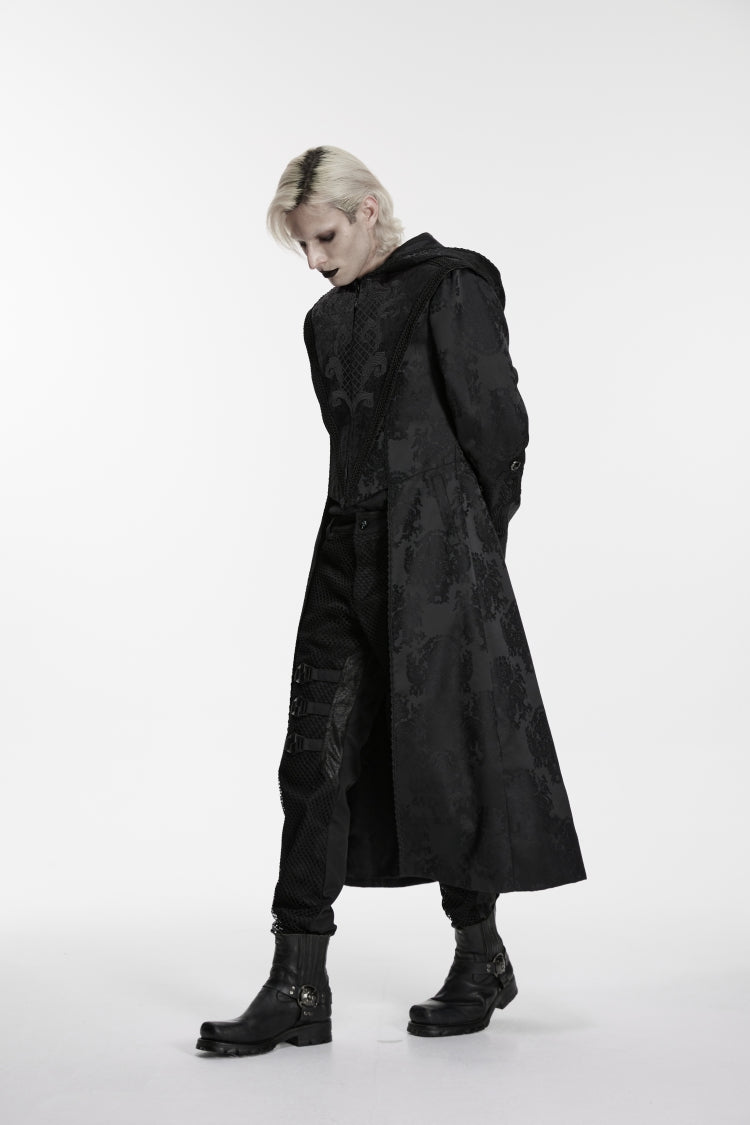 Black Long Sleeves Jacquard Embroidered Spliced Lace Hooded Color-Blocked Men's Punk Cool Coat