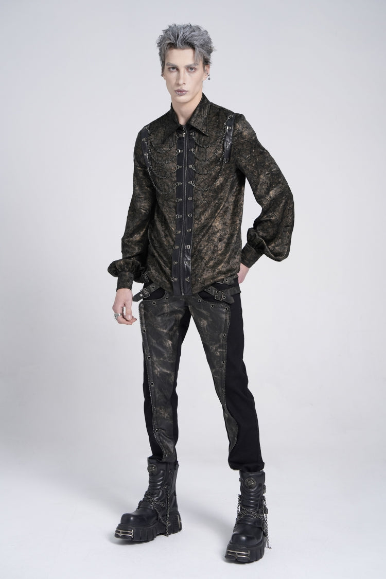 Black Lapel Collar Long Puff Sleeves Faux Leather Stitching Men's Gothic Blouse with Chain