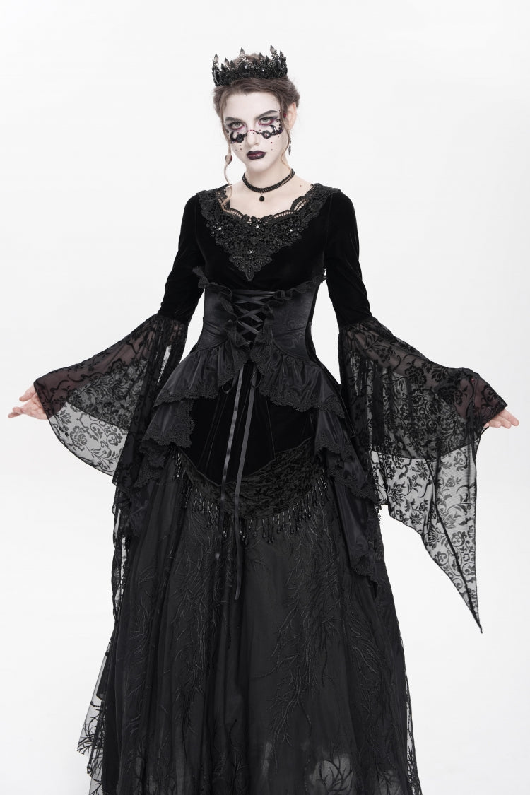 Black Long Sleeves Lace-Up Beaded Pleated Women's Gothic Blouse
