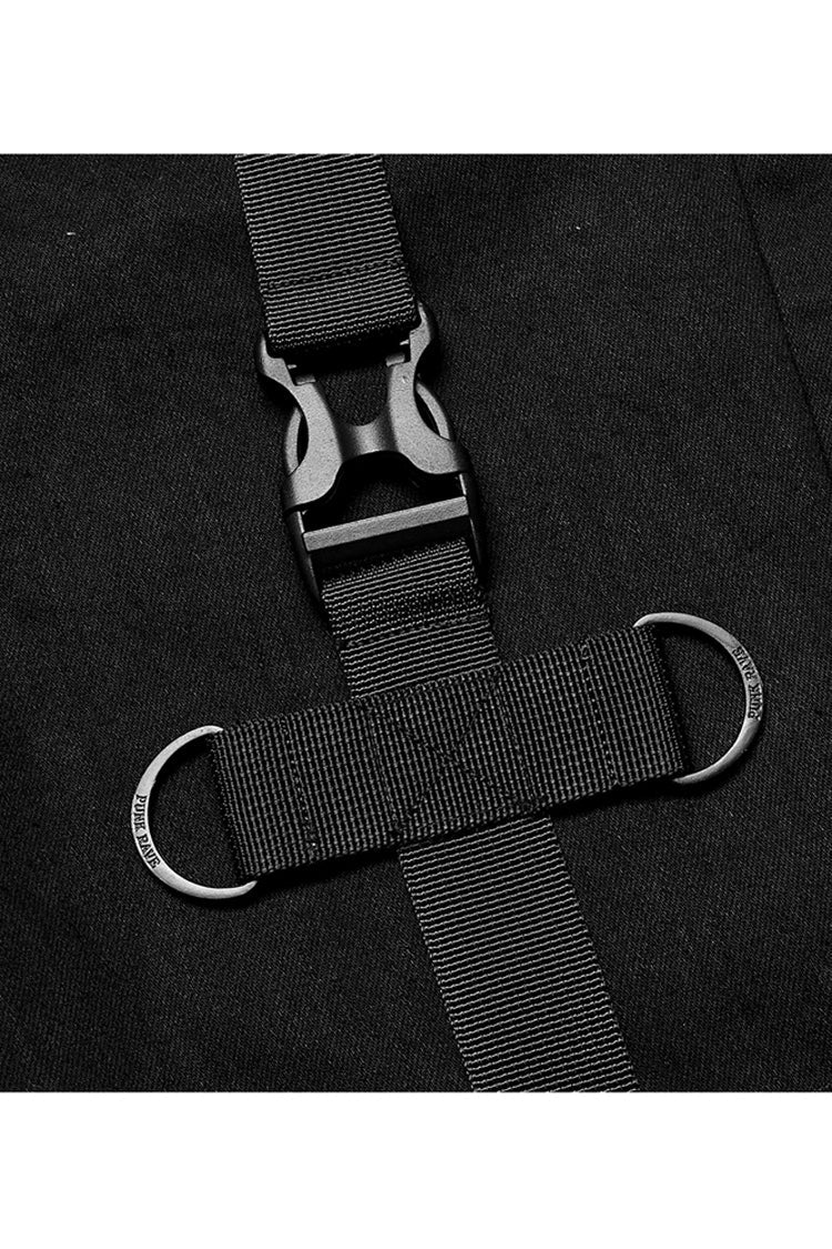 Black Functional Tooling Style Pocket Belt Trim V-Shaped Split Zipper Women's Punk Trousers
