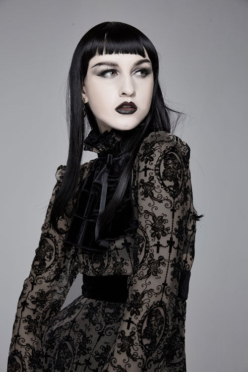 Black Floral Flocking Printed Long Sleeves Velvet With Tie Womens Gothic Dress