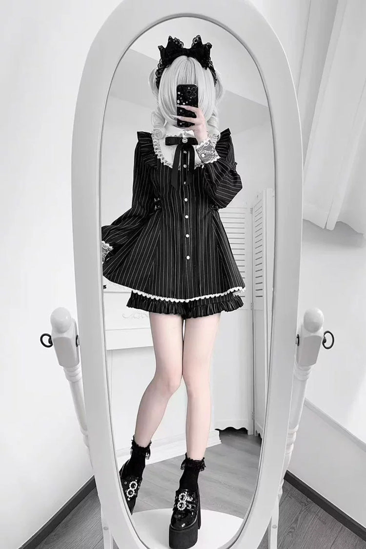 Black Doll Collar Long Sleeves Vertical Striped Printed Ruffled Bow Classic Lolita Dress