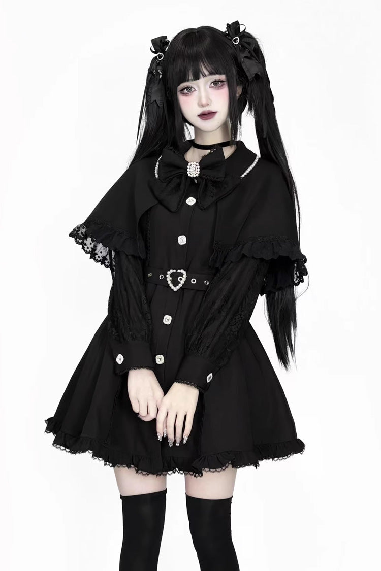 Black Long Sleeves Removable Cape Ruffle Lace Gothic Jirai Kei Elegant Dress
