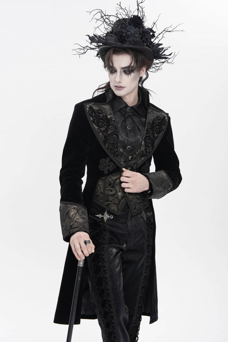 Black Lapel Collar Long Sleeves Jacquard Embroidered Slim Color-Blocked Men's Gothic Jacket