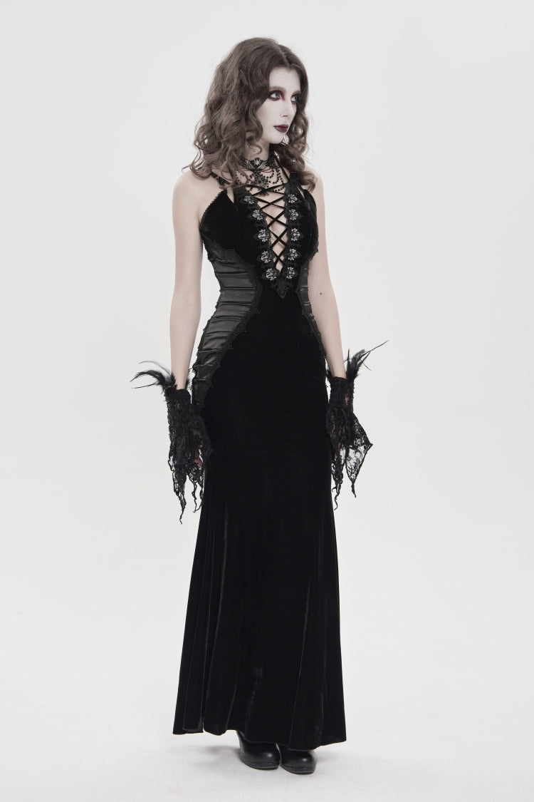 Black Off Shoulder Sleeveless Hanayome Spliced Lace-Up Slim Pleated Women's Gothic Jsk Dress