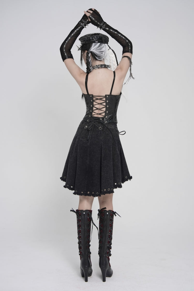 Black Lace-Up Pleated Eyelet Women's Punk Skirt