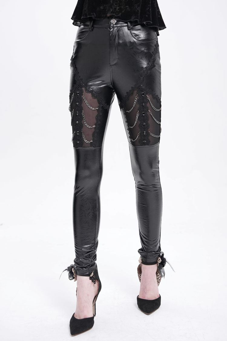 Black Chain Faux Leather Stitching Lace Women's Gothic Pants
