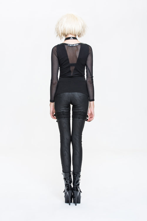 Black Bright Leather Loops Ribbed Mesh Sleeves Cool Punk Women T-Shirt