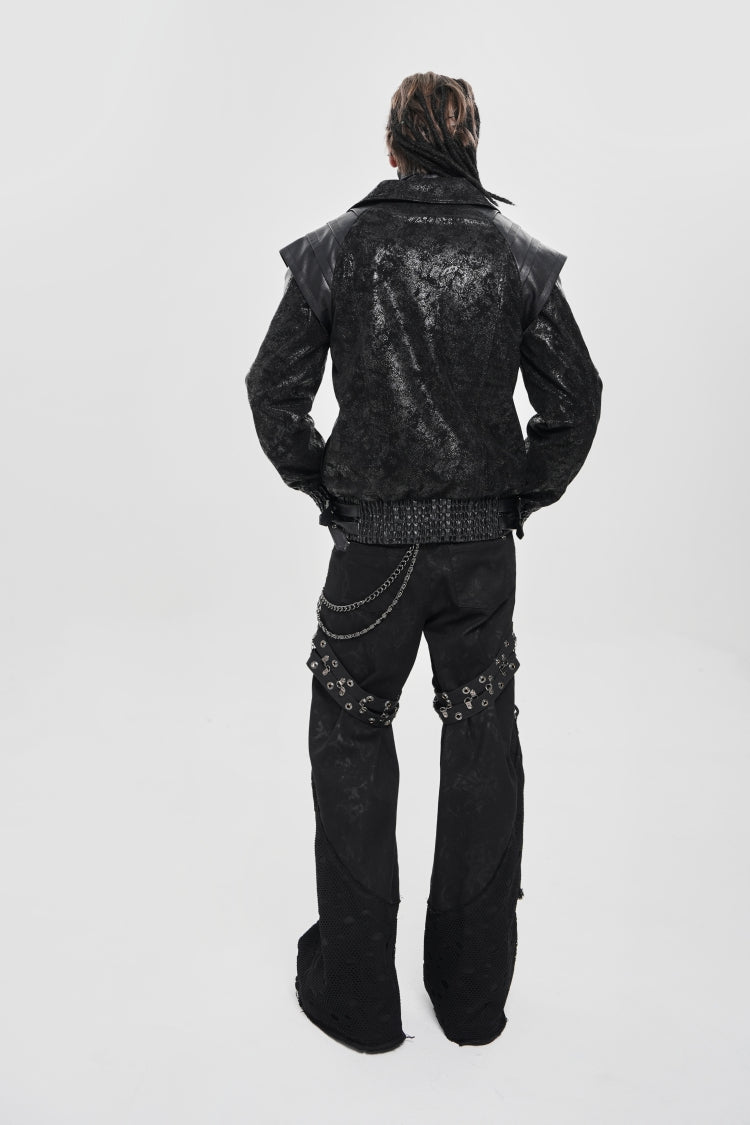 Black Faux Leather Stitching Buckle Zipper Straps Men's Punk Coat